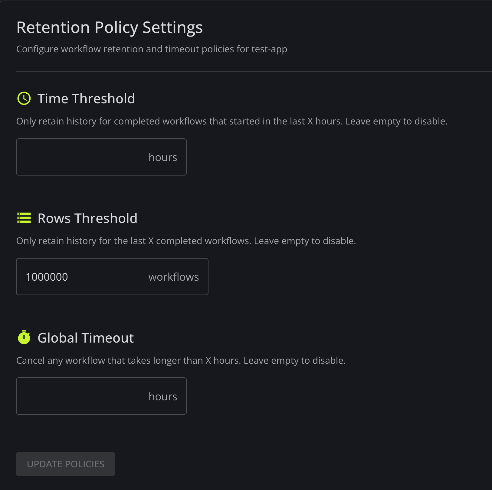 DBOS Workflow history data retention settings
